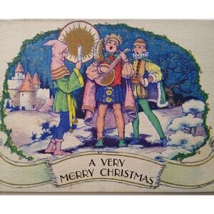 Christmas Early Greeting Card Victorian Men With Guitar Carolers Candle Colorful